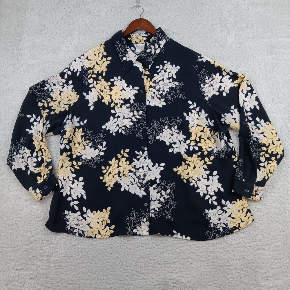 Emma James Blouse Button Front Woman 22W Navy Blue Floral Long Sleeve RN 52002